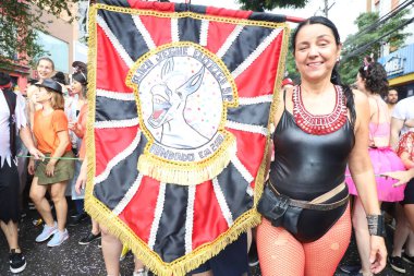 Street Blocks Carnival in Sao Paulo. February 18, 2023, Sao Paulo, Brazil: The Jegue Eletrico block was created at the turn of the millennium by musician and composer Emerson Boy.