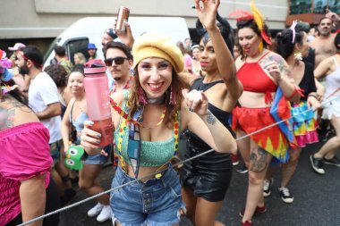 Street Blocks Carnival in Sao Paulo. February 18, 2023, Sao Paulo, Brazil: The Jegue Eletrico block was created at the turn of the millennium by musician and composer Emerson Boy.