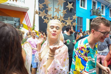 Street Blocks Carnival in Sao Paulo. February 18, 2023, Sao Paulo, Brazil: The Jegue Eletrico block was created at the turn of the millennium by musician and composer Emerson Boy.