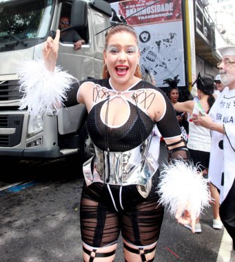 Block parade in Rio de Janeiro. February 18, 2023. Rio de Janeiro, Brazil: Revelers enjoy the parade of the Bloco Cordao do Bola Preta, which brings together thousands of people on Avenida Antonio Carlos, in downtown Rio de Janeiro
