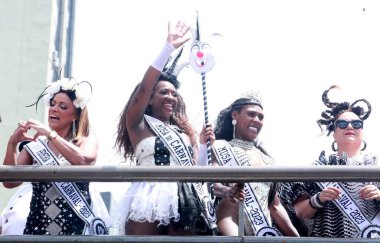 Block parade in Rio de Janeiro. February 18, 2023. Rio de Janeiro, Brazil: Revelers enjoy the parade of the Bloco Cordao do Bola Preta, which brings together thousands of people on Avenida Antonio Carlos, in downtown Rio de Janeiro