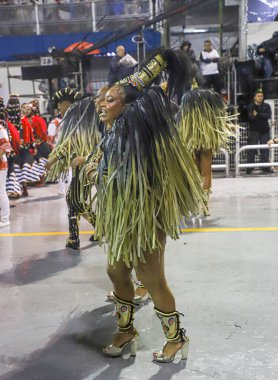 Mocidade Alegre parade during Carnival in Sao Paulo. February 19, 2023, Sao Paulo, Brazil: Parade of Mocidade Alegre Samba School, the 5th to enter the samba catwalk, on the second day of the Carnival Parade of Samba Schools of Sao Paulo 