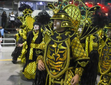 Mocidade Alegre parade during Carnival in Sao Paulo. February 19, 2023, Sao Paulo, Brazil: Parade of Mocidade Alegre Samba School, the 5th to enter the samba catwalk, on the second day of the Carnival Parade of Samba Schools of Sao Paulo 