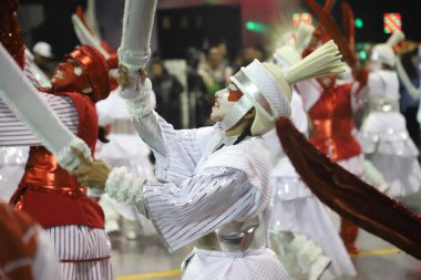 Mocidade Alegre parade during Carnival in Sao Paulo. February 19, 2023, Sao Paulo, Brazil: Parade of Mocidade Alegre Samba School, the 5th to enter the samba catwalk, on the second day of the Carnival Parade of Samba Schools of Sao Paulo 