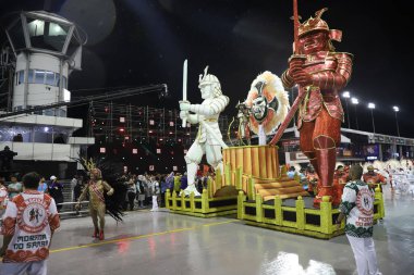 Mocidade Alegre parade during Carnival in Sao Paulo. February 19, 2023, Sao Paulo, Brazil: Parade of Mocidade Alegre Samba School, the 5th to enter the samba catwalk, on the second day of the Carnival Parade of Samba Schools of Sao Paulo 