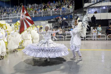 Mocidade Alegre parade during Carnival in Sao Paulo. February 19, 2023, Sao Paulo, Brazil: Parade of Mocidade Alegre Samba School, the 5th to enter the samba catwalk, on the second day of the Carnival Parade of Samba Schools of Sao Paulo 
