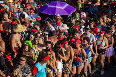 Orquestra Voadora during Street Carnival in Rio de Janeiro. February 21, 2023, Rio de Janeiro, Brazil: Movement of revelers in the Orquestra Voadora block, at Aterro do Flamengo, south zone of Rio de Janeiro, on Tuesday (21)
