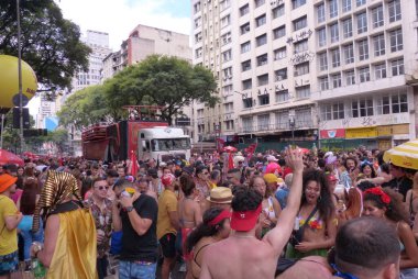 Pagu Block during Street Carnival in Sao Paulo. February 21, 2023, Sao Paulo, Brazil: The Pagu Block, which has only women as part of the drums, paraded on Tuesday (21) during Carnival at Praca da Republica in Sao Paulo.