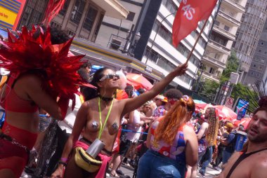 Pagu Block during Street Carnival in Sao Paulo. February 21, 2023, Sao Paulo, Brazil: The Pagu Block, which has only women as part of the drums, paraded on Tuesday (21) during Carnival at Praca da Republica in Sao Paulo.