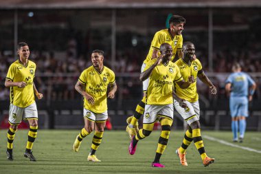 Paulista Soccer Championship: Sao Paulo vs Sao Bernardo. February 25, 2023, Sao Paulo, Brazil: Rodrigo Souza celebrates his goal during a soccer match between Sao Paulo and Sao Bernardo