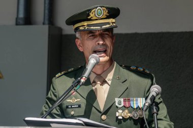 Sao Paulos Valisi, Tarcisio Askeri Kolej yönetiminin devir teslim törenine katıldı. 3 Mart 2023, Sao Paulo, Brezilya: Sao Paulos Valisi, Tarcisio de Freitas Askeri Kolej 'in devir teslim törenine katıldı.