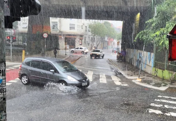 stock image Heavy Rainfall with flood hits Sao Paulo. March 10, 2023, Sao Paulo, Brazil: A heavy rainfall hits Sao Paulo causing flood around Bela Vista neighborhood, on Humaita x Rua Jaceguai streets affecting the flow of traffic