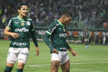 Paulista Futbol Şampiyonası: Palmeiras, Sao Bernardo 'ya karşı. 11 Mart 2023, Sao Paulo, Brezilya: Palmeiras 'lı Rony, Palmeiras ve Sao Bernardo arasındaki futbol maçında Paulista Şampiyonası çeyrek finalleri için geçerli olan golünü kutluyor.