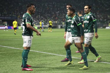 Paulista Futbol Şampiyonası: Palmeiras, Sao Bernardo 'ya karşı. 11 Mart 2023, Sao Paulo, Brezilya: Palmeiras 'lı Rony, Palmeiras ve Sao Bernardo arasındaki futbol maçında Paulista Şampiyonası çeyrek finalleri için geçerli olan golünü kutluyor.