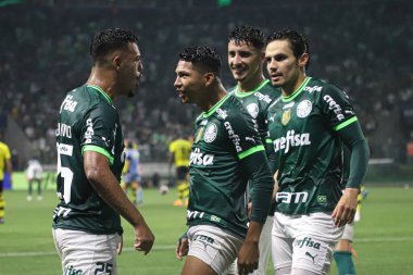 Paulista Futbol Şampiyonası: Palmeiras, Sao Bernardo 'ya karşı. 11 Mart 2023, Sao Paulo, Brezilya: Palmeiras 'lı Rony, Palmeiras ve Sao Bernardo arasındaki futbol maçında Paulista Şampiyonası çeyrek finalleri için geçerli olan golünü kutluyor.
