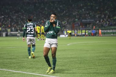 Paulista Futbol Şampiyonası: Palmeiras, Sao Bernardo 'ya karşı. 11 Mart 2023, Sao Paulo, Brezilya: Palmeiras 'lı Rony, Palmeiras ve Sao Bernardo arasındaki futbol maçında Paulista Şampiyonası çeyrek finalleri için geçerli olan golünü kutluyor.