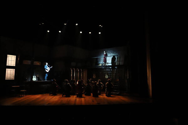 Musical Once Show at Villa Lobos Theater. March 14, 2023, Sao Paulo, Brazil: Actors in a scene from the musical Once, a show that won eight Tony Awards and based on the Irish film of the same name (2006), at Teatro Villa Lobos
