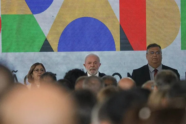 stock image Lula participates in the launch ceremony of PRONASCI II and delivery of vehicles to Special Women's Police Stations. March 15, 2023,Brasilia, Federal District, Brazil: The President of Brazil Luiz Inacio Lula da Silva 