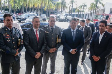 Tarcisio, 143 Yıllık İtfaiyeciler Kutlamasına katıldı. 16 Mart 2023, Sao Paulo, Brezilya: Sao Paulo Valisi Tarcisio de Freitas, Yüzüncü İtfaiye Madalyası 'nın teslim törenine katıldı.