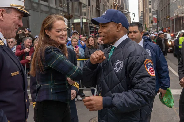 stock image St. Patrick's Day Parade in New York City. March 17, 2023, New York, New York, USA: NYC Mayor Eric Adams greets NYC Fire Department Commissioner Laura Kavanagh at the St. Patrick's Day Parade along 5th Avenue on March 17, 2023