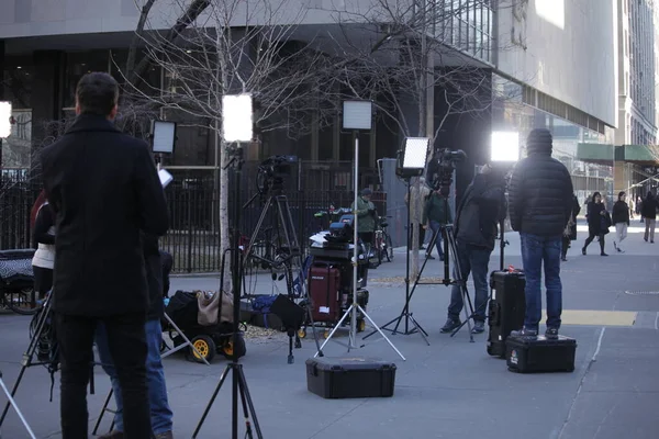 stock image Possibility of Donald Trump being indicted anytime soon in New York. March 21, 2023, New York, USA: Heavy movement of press corps at Manhattan Criminal Courthouse as there is expectation of former US President, Donald J. Trump