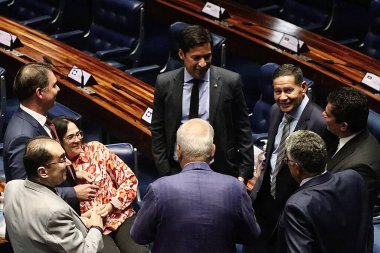 Brezilyalı Senatörler PCC 'nin Senatör Moro' yu kaçırma planına karşı çıktılar. 22 Mart 2023, Brasilia, Federal Bölge, Brezilya Federal Polis Teşkilatı 'nın Senatör Sergio Moro' yu kaçırıp öldürmeyi planlayan PCC üyelerine karşı yürüttüğü operasyon nedeniyle