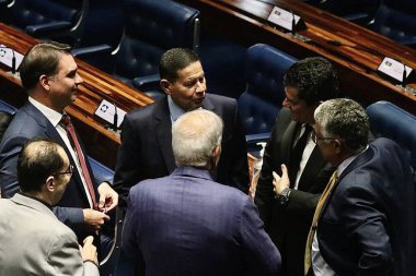 Brezilyalı Senatörler PCC 'nin Senatör Moro' yu kaçırma planına karşı çıktılar. 22 Mart 2023, Brasilia, Federal Bölge, Brezilya Federal Polis Teşkilatı 'nın Senatör Sergio Moro' yu kaçırıp öldürmeyi planlayan PCC üyelerine karşı yürüttüğü operasyon nedeniyle