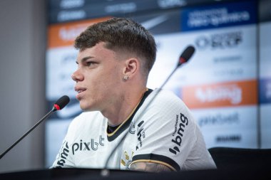 Basın Konferansı ve Chrystian Barletta sunumu. 23 Mart 2023, Sao Paulo, Brezilya: Sao Paulo 'nun doğu bölgesindeki Corinthians eğitim sahasında basın toplantısı ve Chrystian Barletta' nın sunumu. 