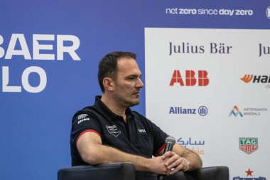 Sao Paulo 'da Formula E Yarışı Basın Konferansı. 24 Mart 2023, Sao Paulo, Brezilya: Takım temsilcileri Sylvai Filippi (Envision Racing), Tommaso Volpe (Nissan Formula E Takımı) ve Florian Wodinger (Tag Heuer Porsche) ile basın toplantısı)