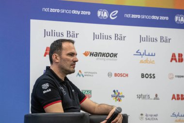 Sao Paulo 'da Formula E Yarışı Basın Konferansı. 24 Mart 2023, Sao Paulo, Brezilya: Takım temsilcileri Sylvai Filippi (Envision Racing), Tommaso Volpe (Nissan Formula E Takımı) ve Florian Wodinger (Tag Heuer Porsche) ile basın toplantısı)