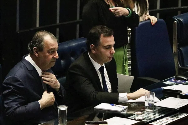 stock image Senate Session in Brasilia. March 29, 2023, Brasilia, Federal District, Brazil: Ordinary Deliberative Session in the plenary of the Brazilian Federal Senate, on Wednesday (29) in Brasilia with the presence of Senate President, Rodrigo Pacheco 