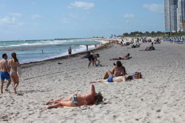 Miami Plajı manzarası. 31 Mart 2023, Miami, Florida, ABD: İnsanlar Cuma günü Miami Beach 'te temiz havanın, güneşlenmenin, yüzmenin, spor yapmanın ve bazı egzersizlerin keyfini çıkarırken görülüyor