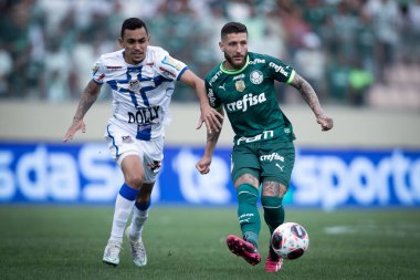 Paulista Futbol Şampiyonası Finali Agua Santa, Palmeiras 'a karşı. 2 Nisan 2023, Barueri, Sao Paulo, Brezilya: Agua Santa ve Palmeiras arasındaki futbol maçı, Arena Barueri 'de oynanan Paulista Futbol Şampiyonası Finali' nin birinci maçı için geçerlidir.