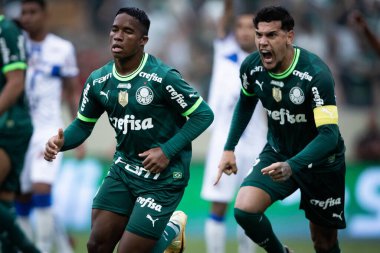 Paulista Futbol Şampiyonası Finali Agua Santa, Palmeiras 'a karşı. 2 Nisan 2023, Barueri, Sao Paulo, Brezilya: Agua Santa ve Palmeiras arasındaki futbol maçı, Arena Barueri 'de oynanan Paulista Futbol Şampiyonası Finali' nin birinci maçı için geçerlidir.