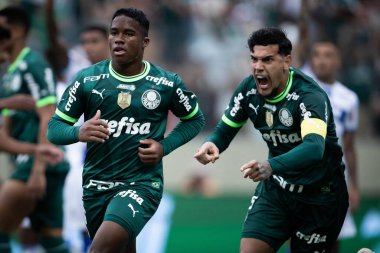 Paulista Futbol Şampiyonası Finali Agua Santa, Palmeiras 'a karşı. 2 Nisan 2023, Barueri, Sao Paulo, Brezilya: Agua Santa ve Palmeiras arasındaki futbol maçı, Arena Barueri 'de oynanan Paulista Futbol Şampiyonası Finali' nin birinci maçı için geçerlidir.