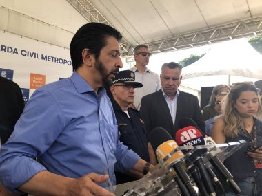 Sao Paulo Belediye Başkanı polis kuvvetlerine 120 motosiklet teslim ediyor. 4 Nisan 2023, Sao Paulo, Brezilya Sao Paulo Belediye Başkanı Ricardo Nunes Sao Paulo 'daki Praca Princesa Isabel' deki GCM araç filosuna 120 motosiklet teslim etti.