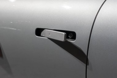 The New York International Auto Show 2023. April 05, 2023, New York, New York, USA: The Hyundai IONIQ 6 door handle detail seen at the International Auto Show press preview at the Jacob Javits Convention Center on April 5, 2023 in New York City clipart