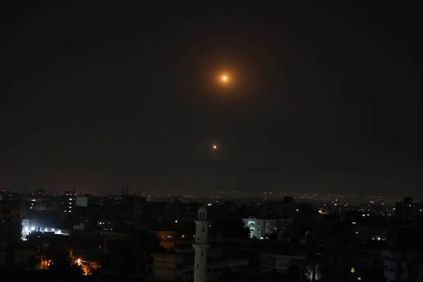 stock image Iron Dome missiles attempt to intercept rockets fired from Gaza. April 7, 2023, Gaza, Palestine: Iron Dome missiles attempt to intercept rockets fired by the Palestinian resistance in the Gaza Strip towards Israel