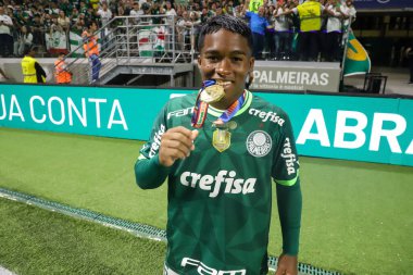 Paulista Futbol Şampiyonası Finali Palmeiras, Agua Santa 'ya karşı. Palmeiras, 9 Nisan 2023 tarihinde Sao Paulo 'da yapılan 2023 Paulista Şampiyonası finalinde Agua Santa' ya karşı oynanan rövanş maçında şampiyonluğu kutluyor.