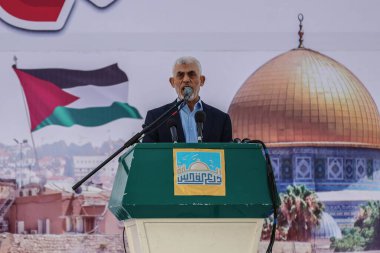 Gazze 'deki Hamas hareketi Uluslararası Quds Günü münasebetiyle büyük bir festival düzenliyor. 14 Nisan 2023, Gazze, Filistin: Gazze 'deki Hamas hareketi merkezi Gazze Şeridi' ndeki Filistin Stadyumu 'nda büyük bir festival düzenledi.