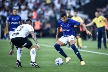 Brezilya Futbol Şampiyonası: Korintliler Cruzeiro 'ya karşı. 16 Nisan 2023, Sao Paulo, Brezilya: Corinthians ve Cruzeiro arasındaki futbol maçı, 2023 Brezilya Futbol Şampiyonası 'nın ilk turu için geçerli, Neo Quimica Arena' da yapıldı.