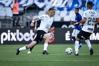 Brezilya Futbol Şampiyonası: Korintliler Cruzeiro 'ya karşı. 16 Nisan 2023, Sao Paulo, Brezilya: Corinthians ve Cruzeiro arasındaki futbol maçı, 2023 Brezilya Futbol Şampiyonası 'nın ilk turu için geçerli, Neo Quimica Arena' da yapıldı.