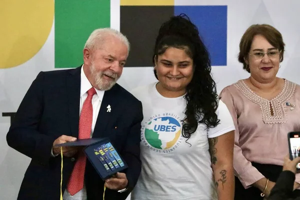 stock image Brazilian President Lula participates in Universities Budget Recomposition. April 19, 2023, Brasilia, Federal District, Brazil: President of Brazil, Luiz Inacio Lula da Silva, participates in the Ceremony to announce the budget recomposition 