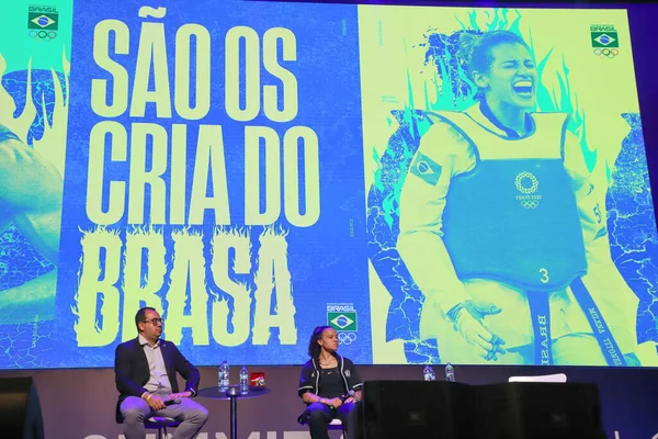 stock image (SPO) Sports Summit Sao Paulo - On the Road to the Olympics. April 27, 2023. Sao Paulo, Brazil: Brazilian Athlete Beatriz Ferreira - Brazilian boxer, Olympic Athlete, Paulo Conde - Director of Communication of the Brazilian Olympic Committee (COB)