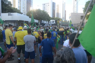 Natal 'da İşçi Bayramı' nda PL 2630 'a karşı protesto. 1 Mayıs 2023, Natal, Rio Grande do Norte, Brezilya: Sahte Haberler PL olarak bilinen 2630 / 20 sayılı yasa tasarısına karşı protesto ve görevdeki Cumhurbaşkanı Luiz Inacio Lula da Silva 'nın görevden alınması yönünde çağrıda bulundu.