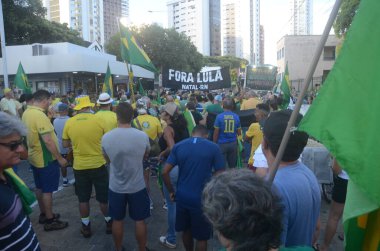 Natal 'da İşçi Bayramı' nda PL 2630 'a karşı protesto. 1 Mayıs 2023, Natal, Rio Grande do Norte, Brezilya: Sahte Haberler PL olarak bilinen 2630 / 20 sayılı yasa tasarısına karşı protesto ve görevdeki Cumhurbaşkanı Luiz Inacio Lula da Silva 'nın görevden alınması yönünde çağrıda bulundu.