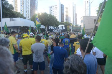 Natal 'da İşçi Bayramı' nda PL 2630 'a karşı protesto. 1 Mayıs 2023, Natal, Rio Grande do Norte, Brezilya: Sahte Haberler PL olarak bilinen 2630 / 20 sayılı yasa tasarısına karşı protesto ve görevdeki Cumhurbaşkanı Luiz Inacio Lula da Silva 'nın görevden alınması yönünde çağrıda bulundu.