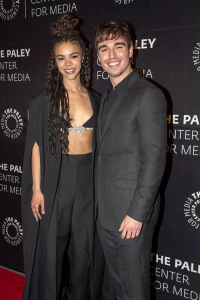 Stock image Shonda Rhimes Celebrates Queen Charlotte: A Bridgerton Story. May 04, 2023, New York, New York, USA: India Amarteifio and Corey Mylchreest attend the celebrations of Queen Charlotte: A Bridgerton Story at The Paley Museum