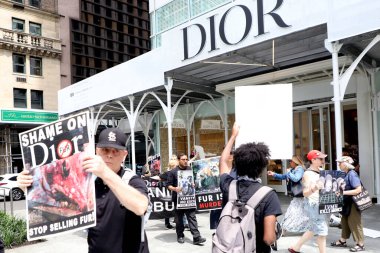 Dior Mağazasında Kürk satışına karşı protesto. 13 Mayıs 2023, New York, ABD: Bir grup çevreci, 5. Cadde ile New York 'ta bulunan 49. caddedeki Dior mağazası önünde kürk satışını protesto ediyor. 