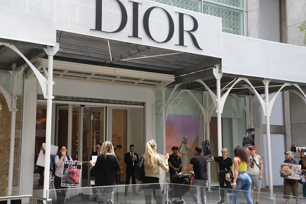 stock image Protest against sale of Furs at Dior Store. May 13, 2023, New York, USA: A group of environmentalists protest against the sale of furs in front of the Dior store on 49th street with 5th Avenue, on New York. 